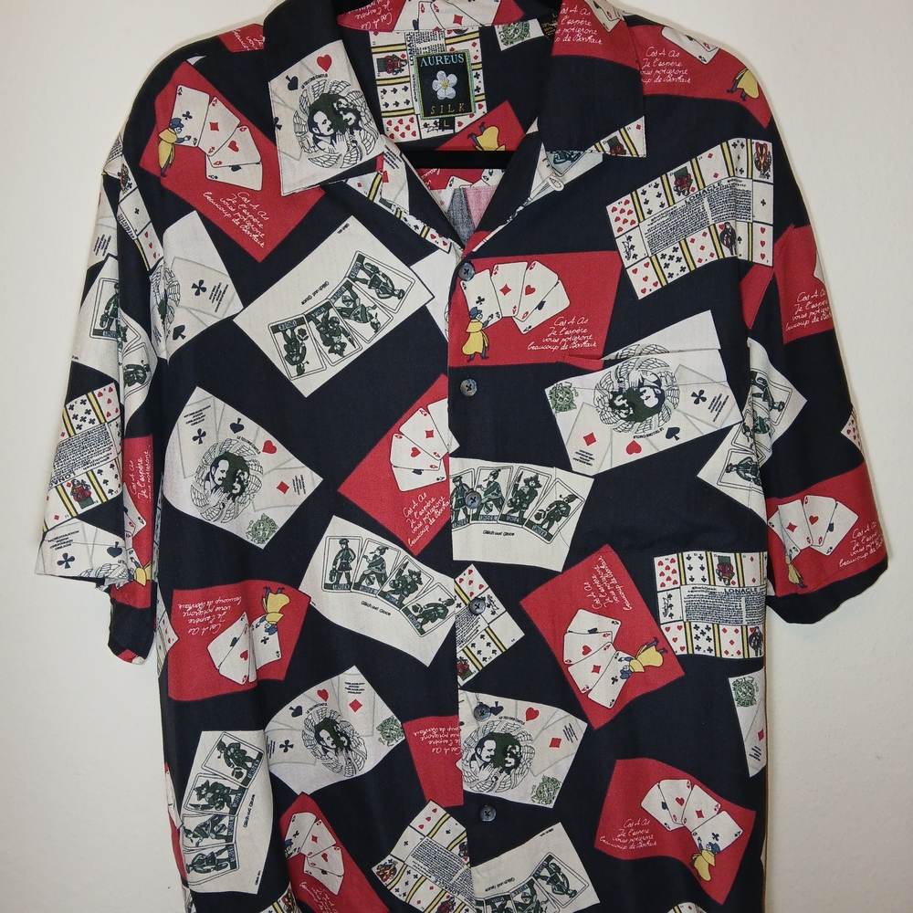 Rare Aureus Silk Casino Poker Cards Aces Silk Short Sleeve Shirt Mens Large